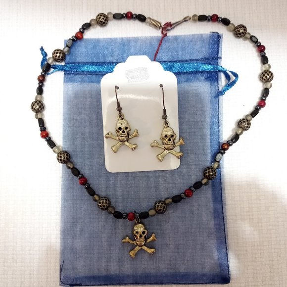 Skulls Crossbones Choker Necklace & Earrings Gothic Jewelry set - Picture 1 of 1